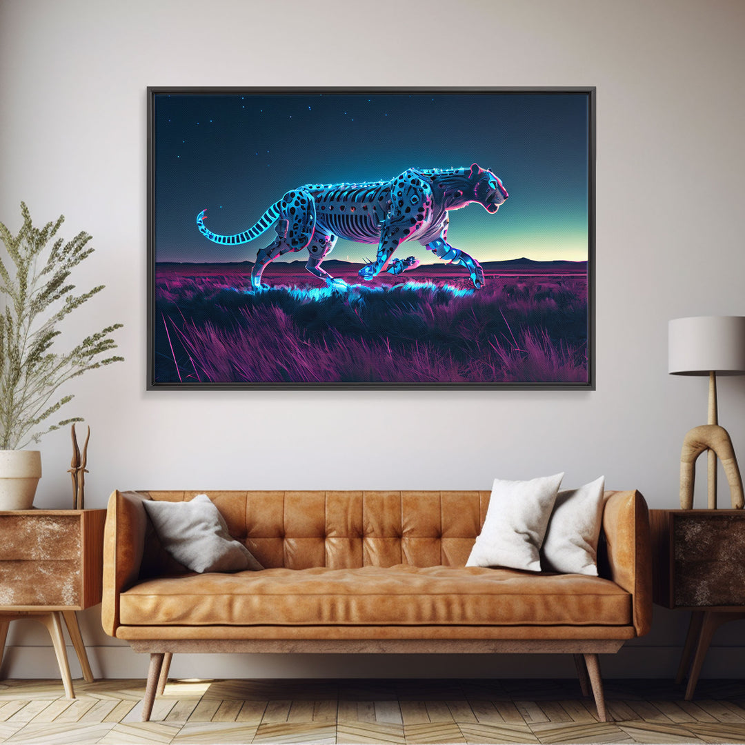 Robot Cheetah, Synthwave cyberpunk art, robot cheetah, framed canvas art, canvas print