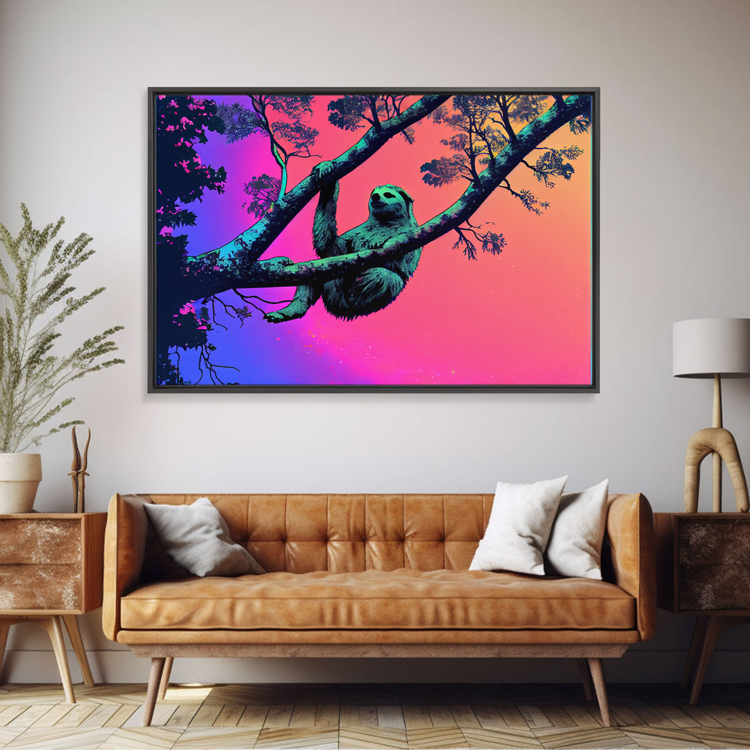 What a cool sloth man, vaporwave sloth art, framed canvas print, wall art with frame and a cool lookin' sloth