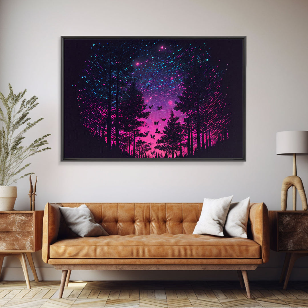 Synthwave Starry Night Time Lapse in a pine tree forest, framed canvas print, timelapse art