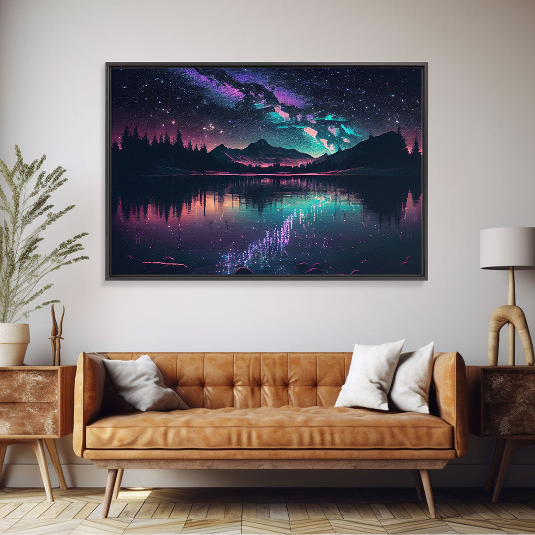 Vaporwave starry night over an Alaskan lake, Aurora borealis, framed canvas print, pastel nature art