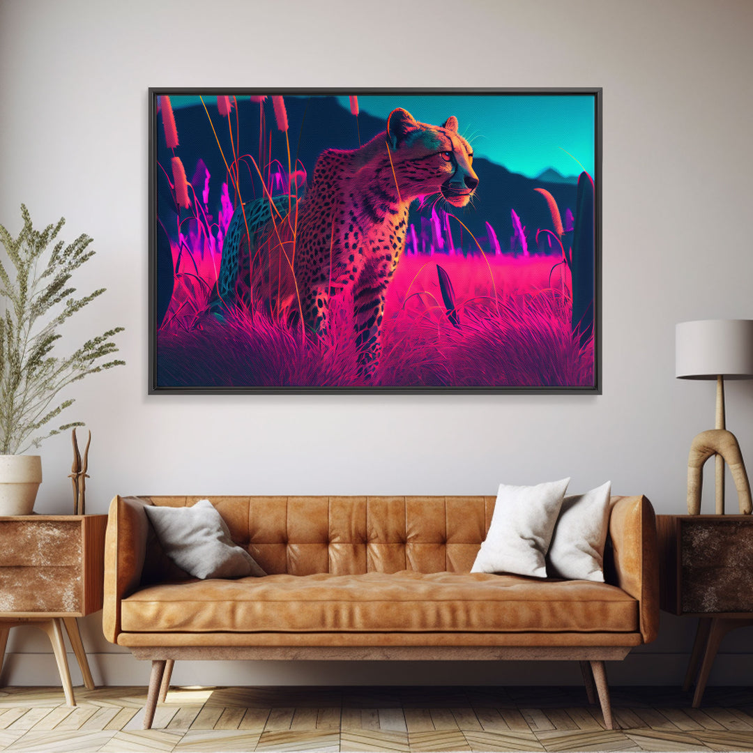 Cheetah on the hunt, vaporwave art, sunset hunter, framed canvas print, framed wall art