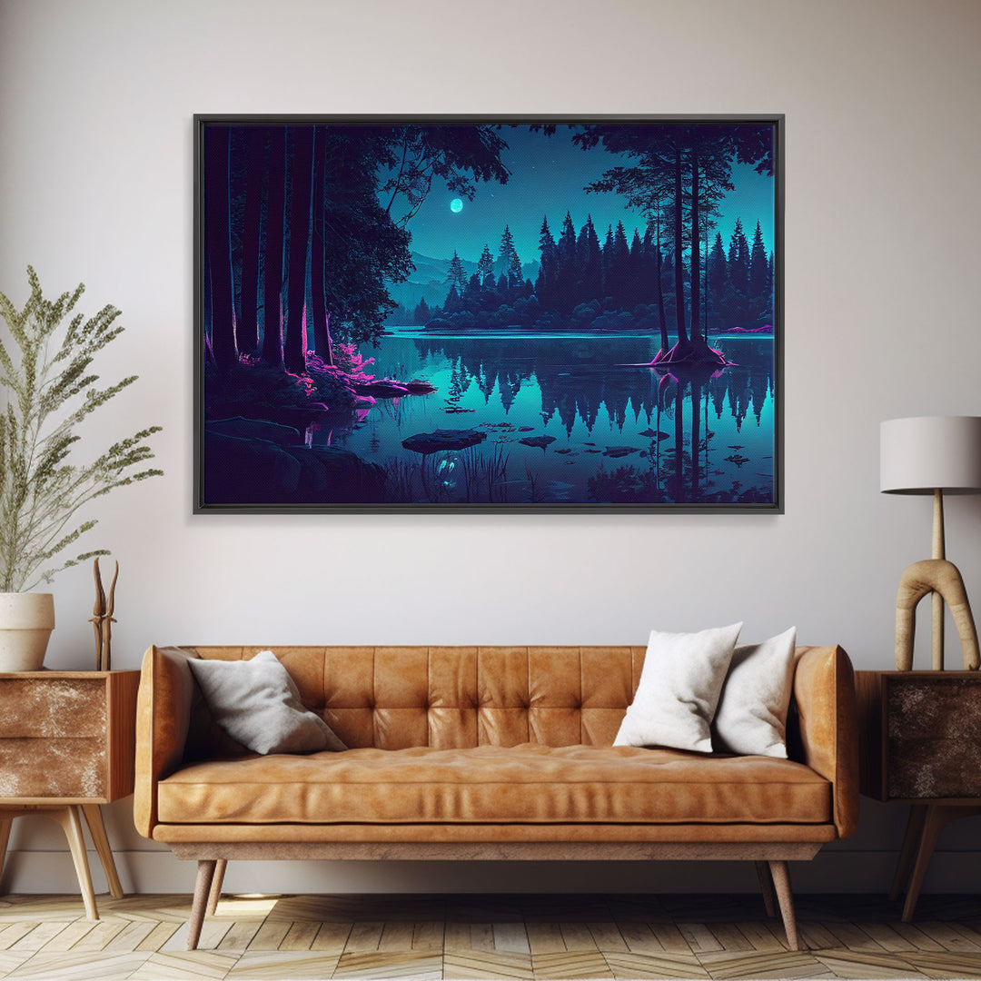 Vaporwave Full moon over the lake at midnight, framed canvas print, subdued art, watercolor painting print