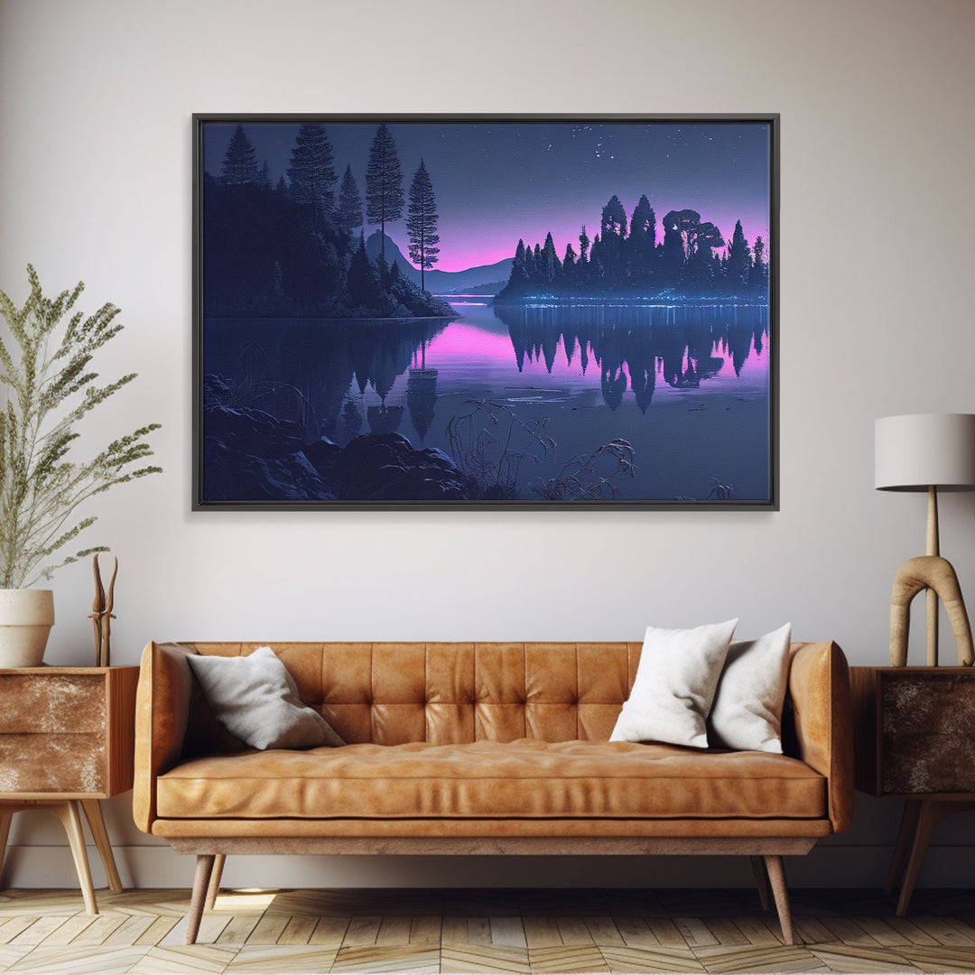 Reflections on the lake at midnight, framed canvas print, vaporwave aesthetic, purple sky