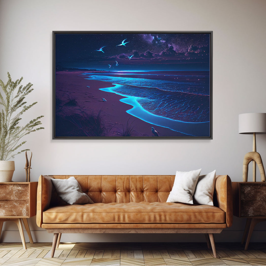 Vaporwave Starry night over a calm beach, watercolor, framed canvas print, synthwave wall art aesthetic