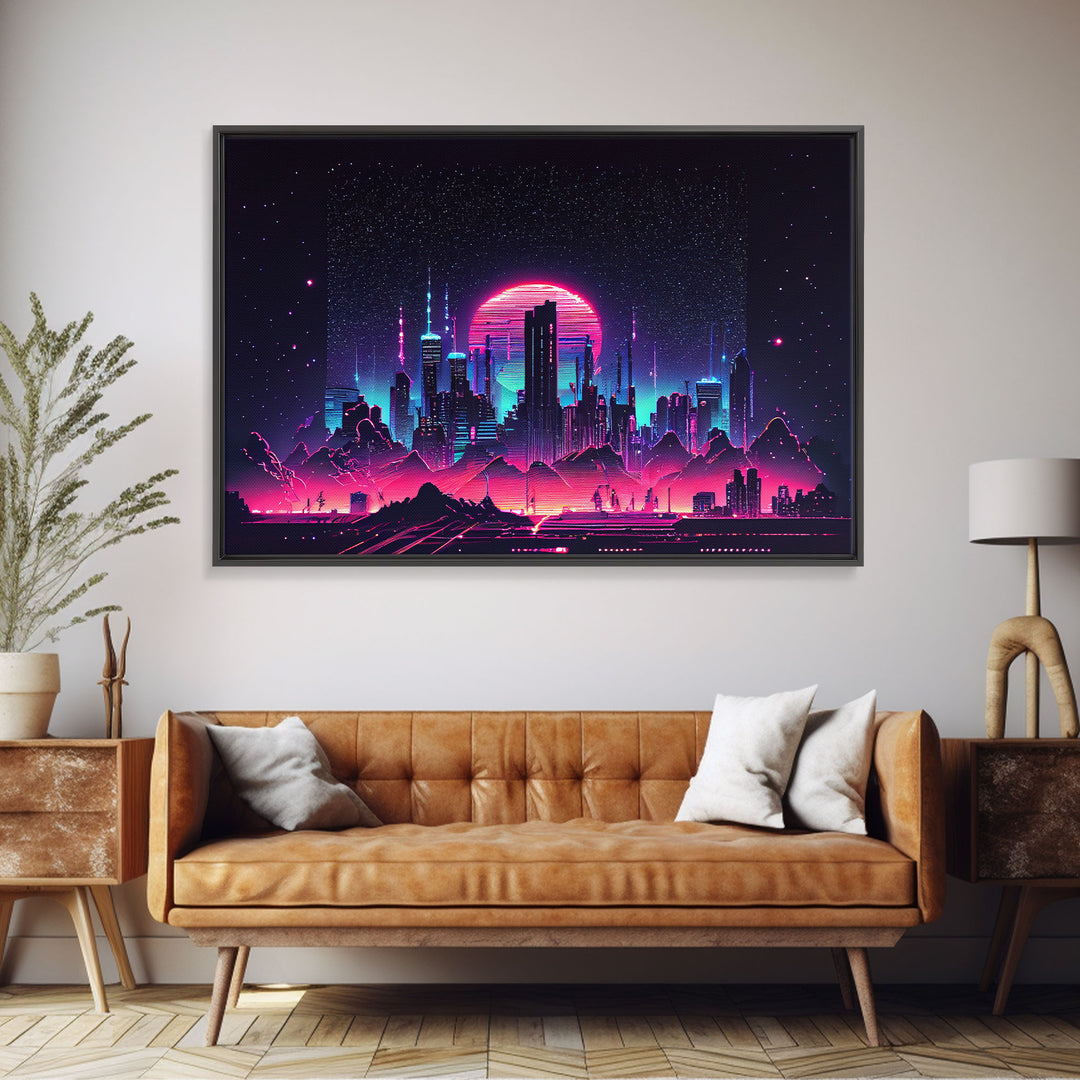 Cyberpunk city skyline superimposed over a sunset, synthwave style dystopian  art, framed canvas print