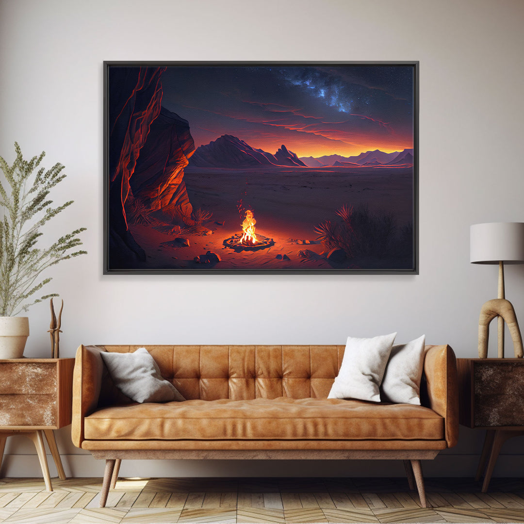 Watercolor of a prehistoric campfire, primitive art, framed canvas print