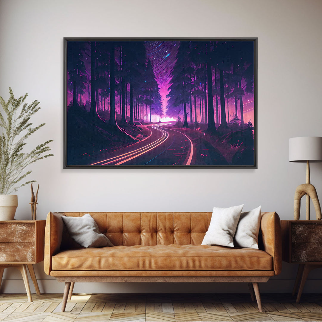 Northern Lights Purple Landscape Trees Road Swirling Stars Fine Art Print, Wall Decor, Wall Poster, Wall Art Print