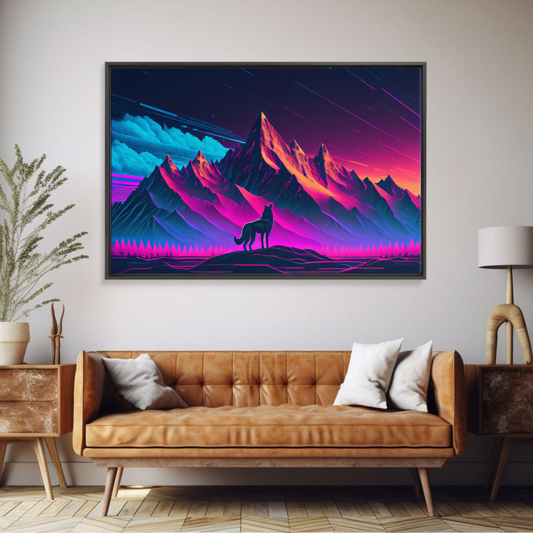 Retro style art, wolf looking on the mountains, framed canvas print, pastel art