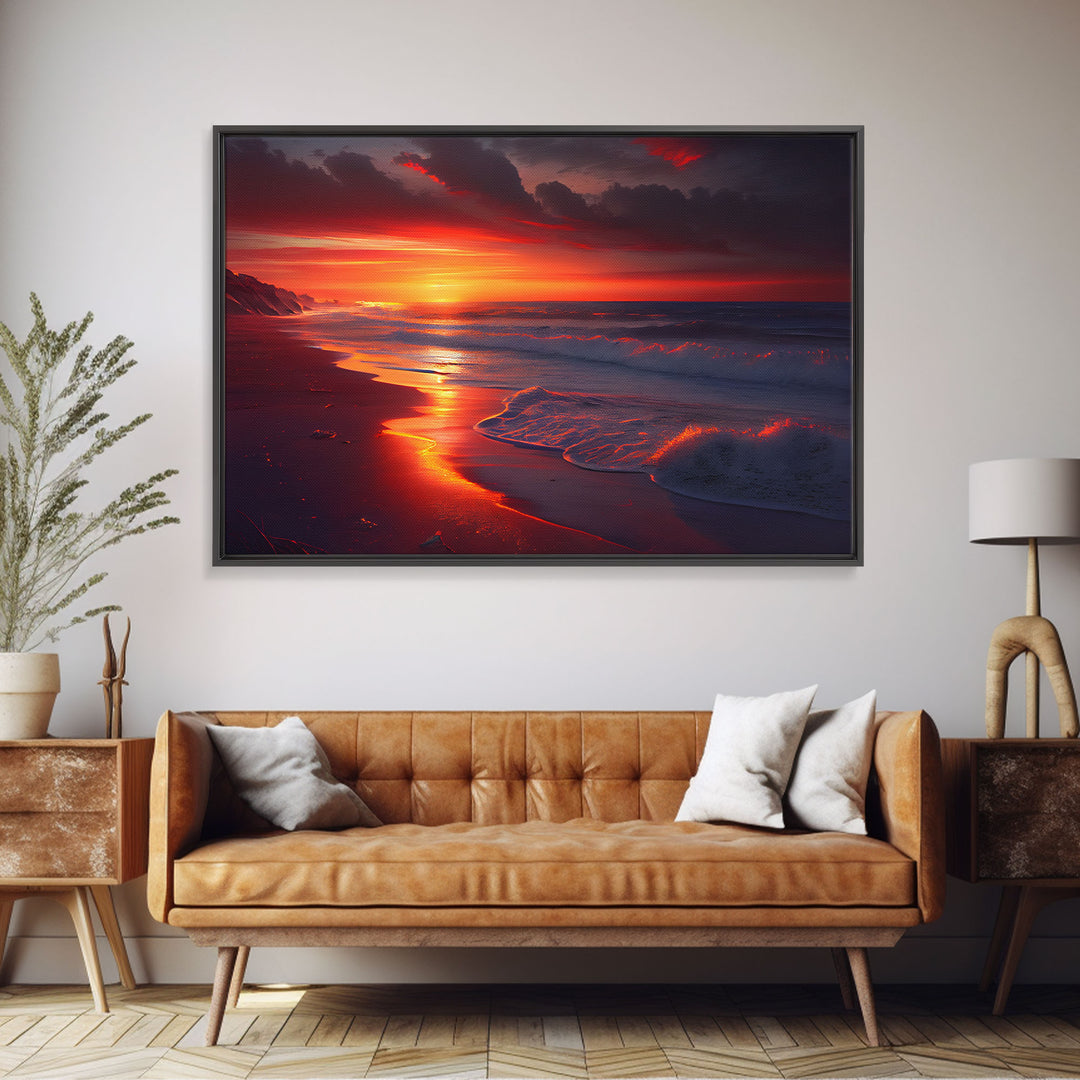 High tide slowly rolling in at sunset, beautiful beach art, framed canvas print