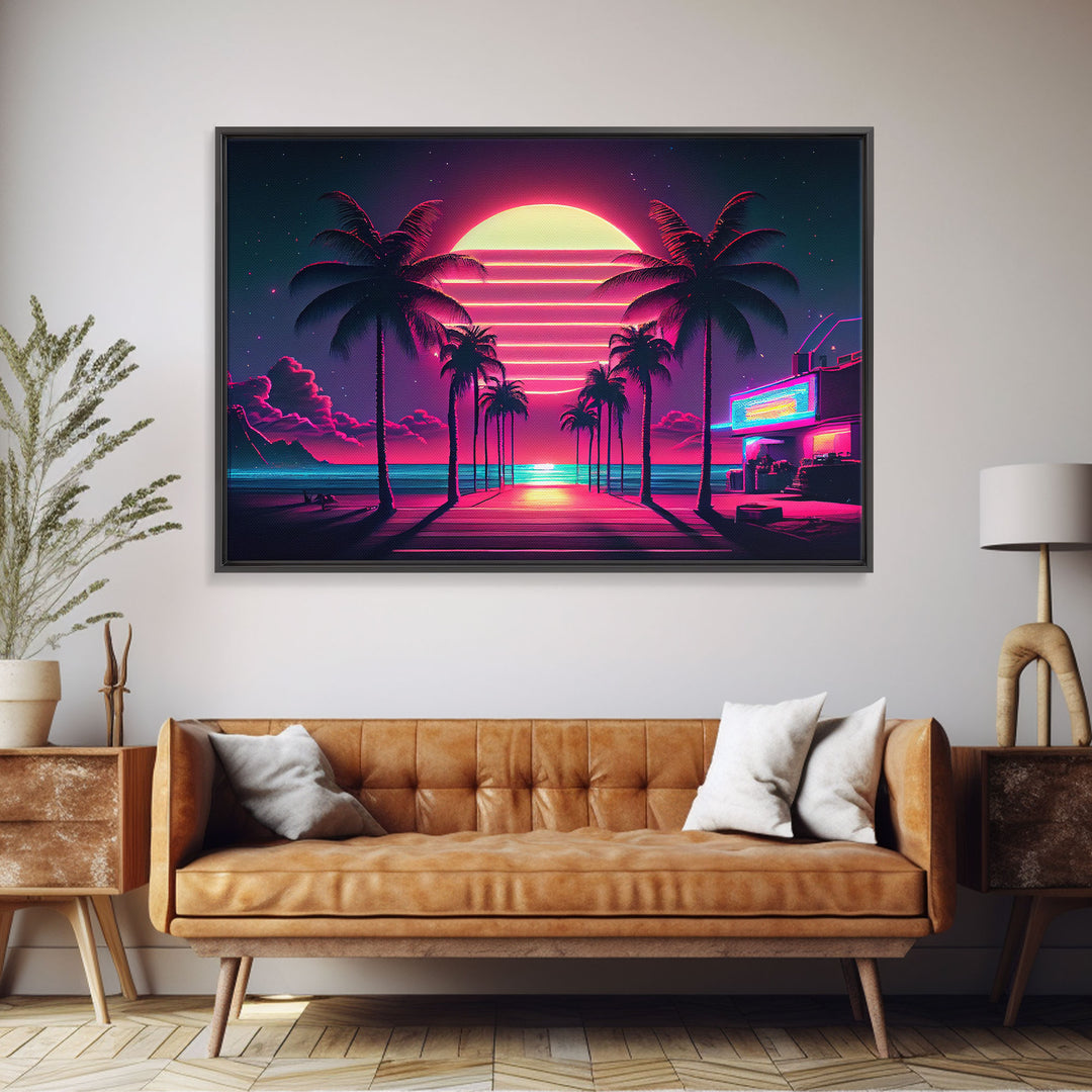 The Neon Boardwalk, Florida Synthwave Sunset, framed canvas print, retro style Miami vibes art