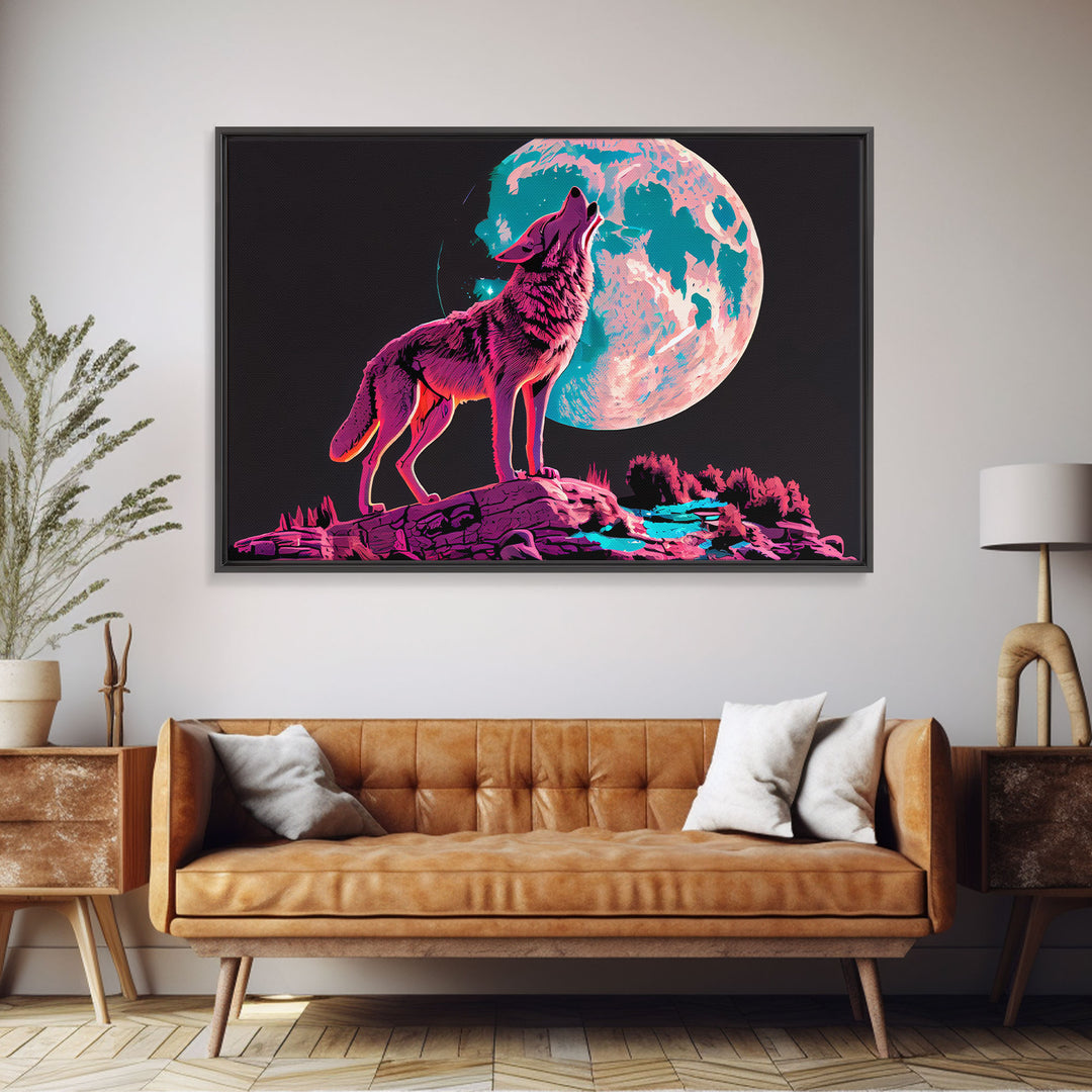 Howl at the moon, wolf art, framed canvas print, synthwave / vaporwave art