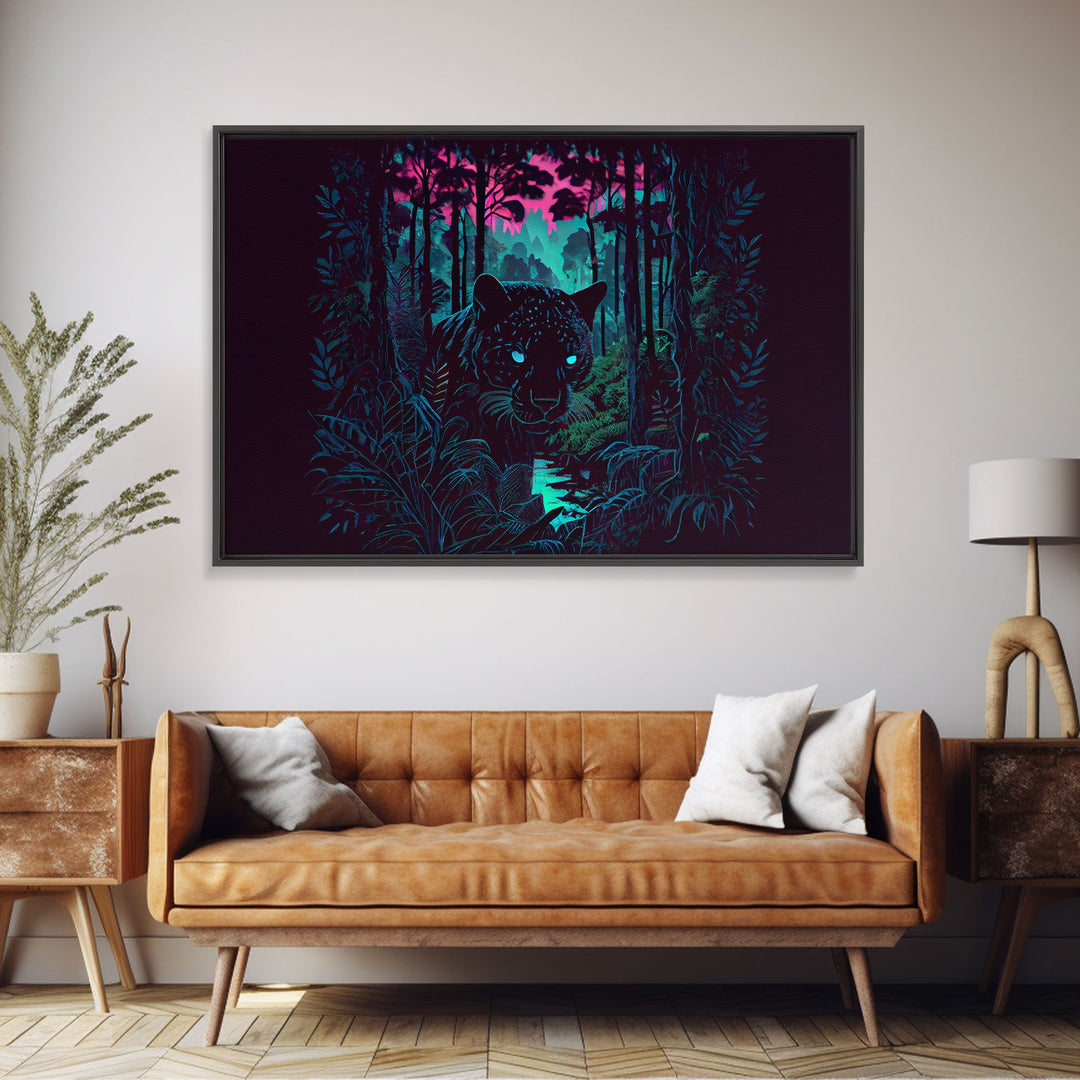 Panther in the jungle, framed canvas print, synthwave / vaporwave art