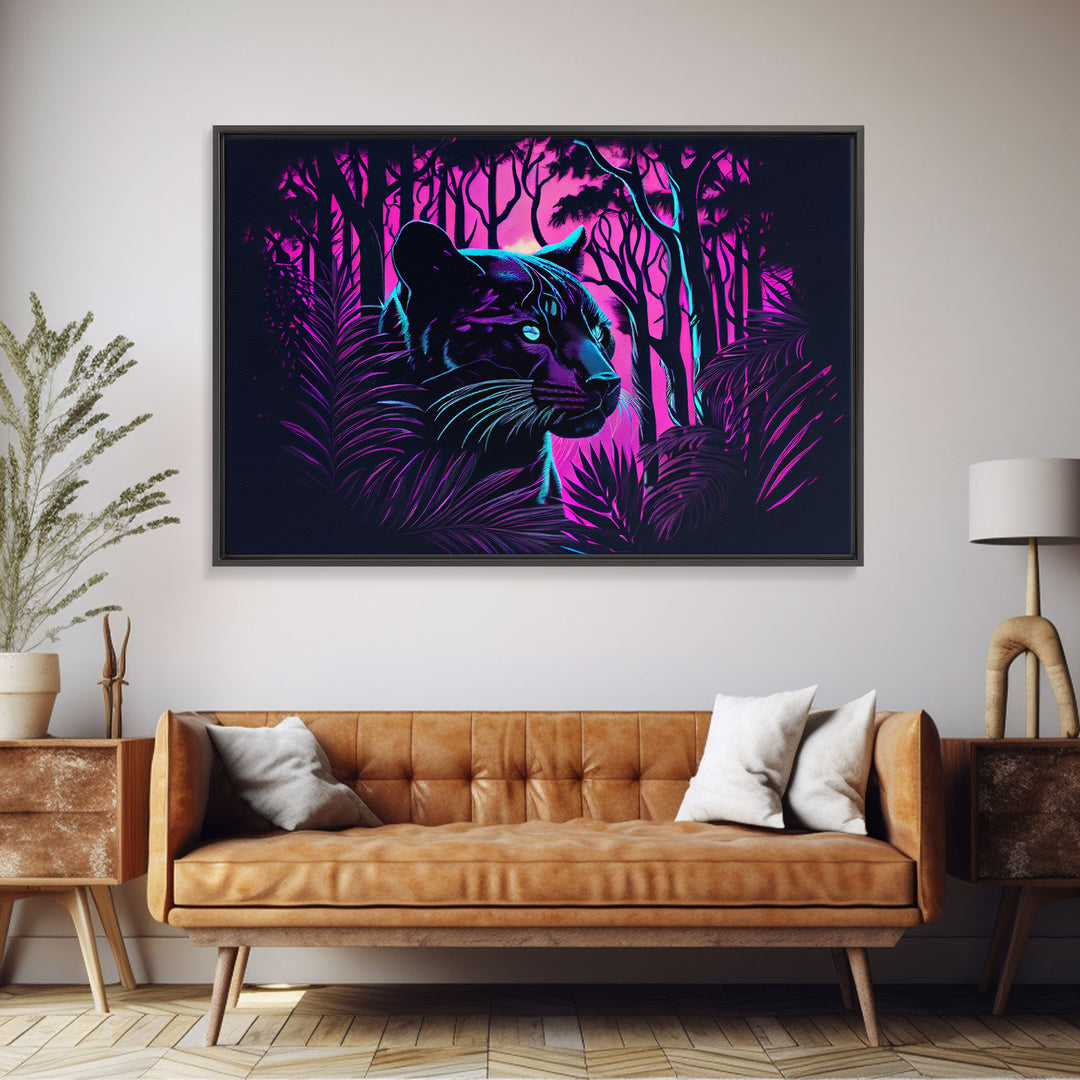 Vaporwave art,  framed canvas print, Jungle Panther synthwave portrait