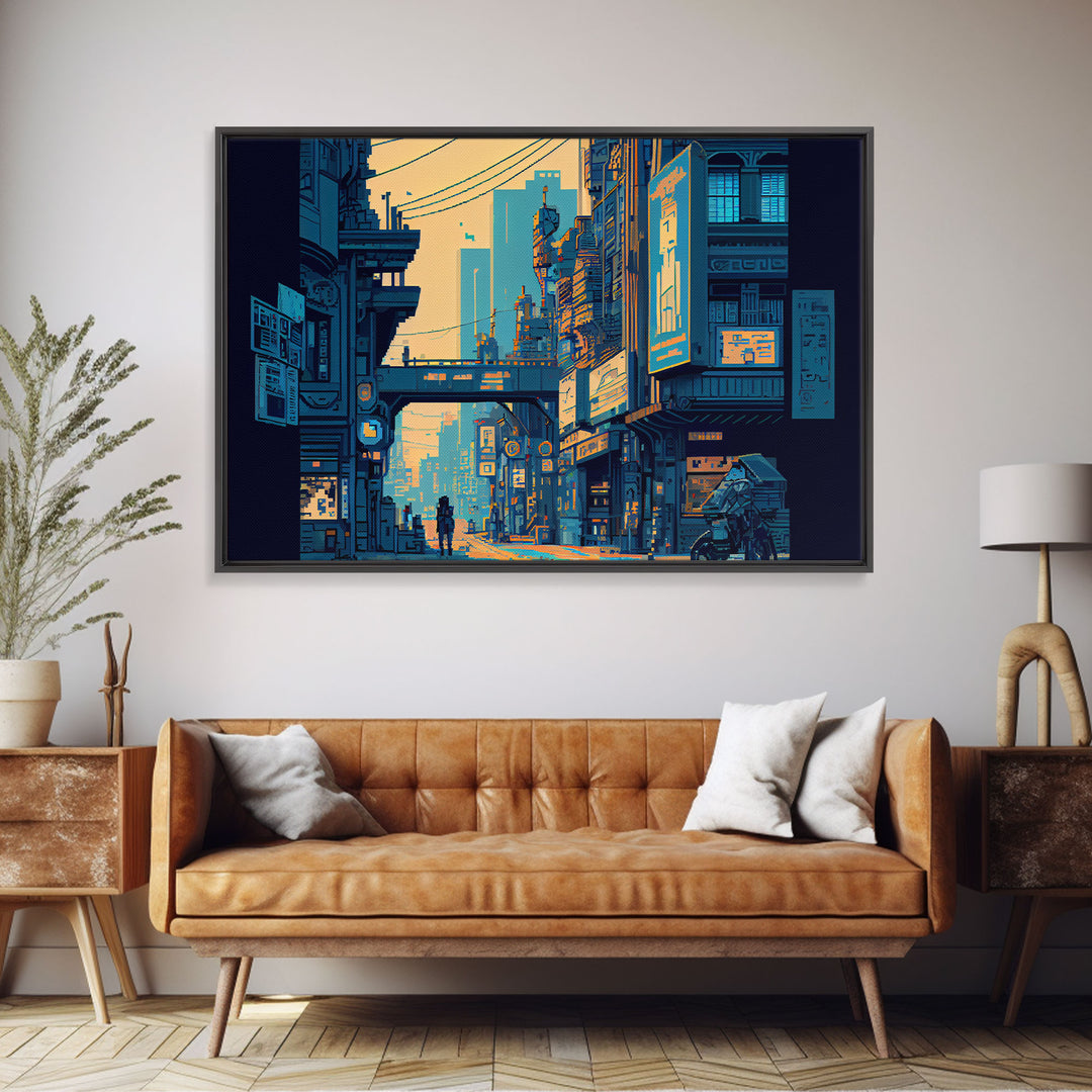 8 bit pixel art cyber punk city, video game concept art, framed canvas print, game room art