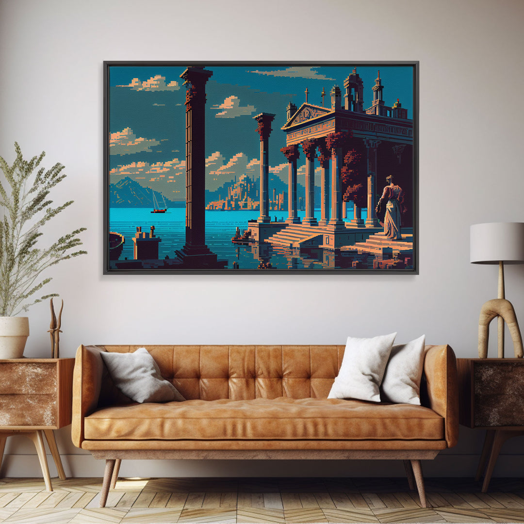 Ancient Roman Architecture, 8 bit pixel art, framed canvas print