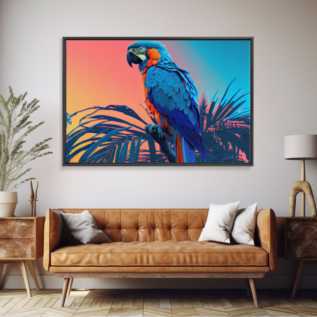 Birds of Paradise, Tropical Blue Parrot, Framed canvas print, beautiful wall art for vacation home