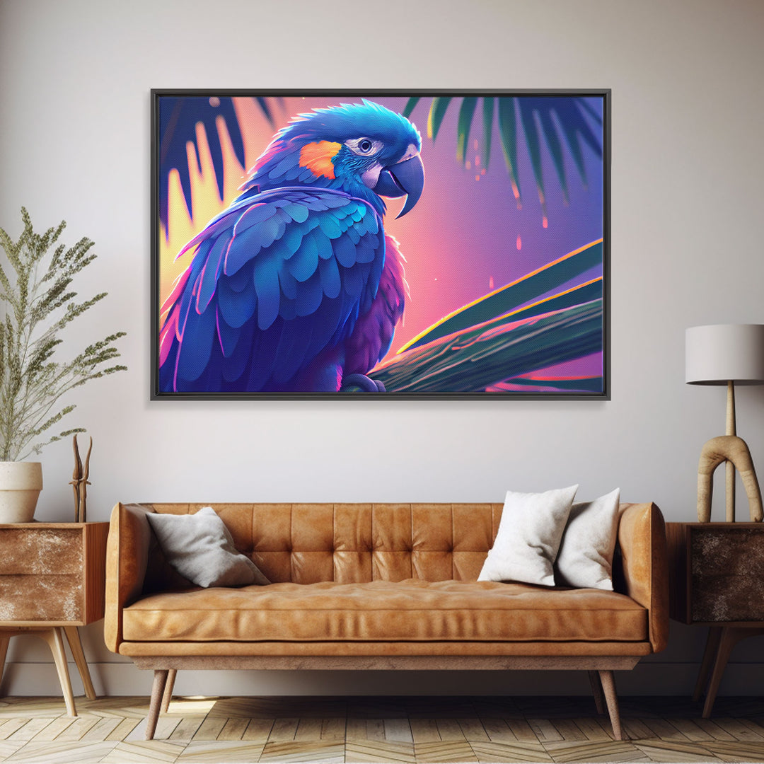 Tropical Blue Parrot, Framed canvas print, beautiful wall art for vacation home, birds of paradise