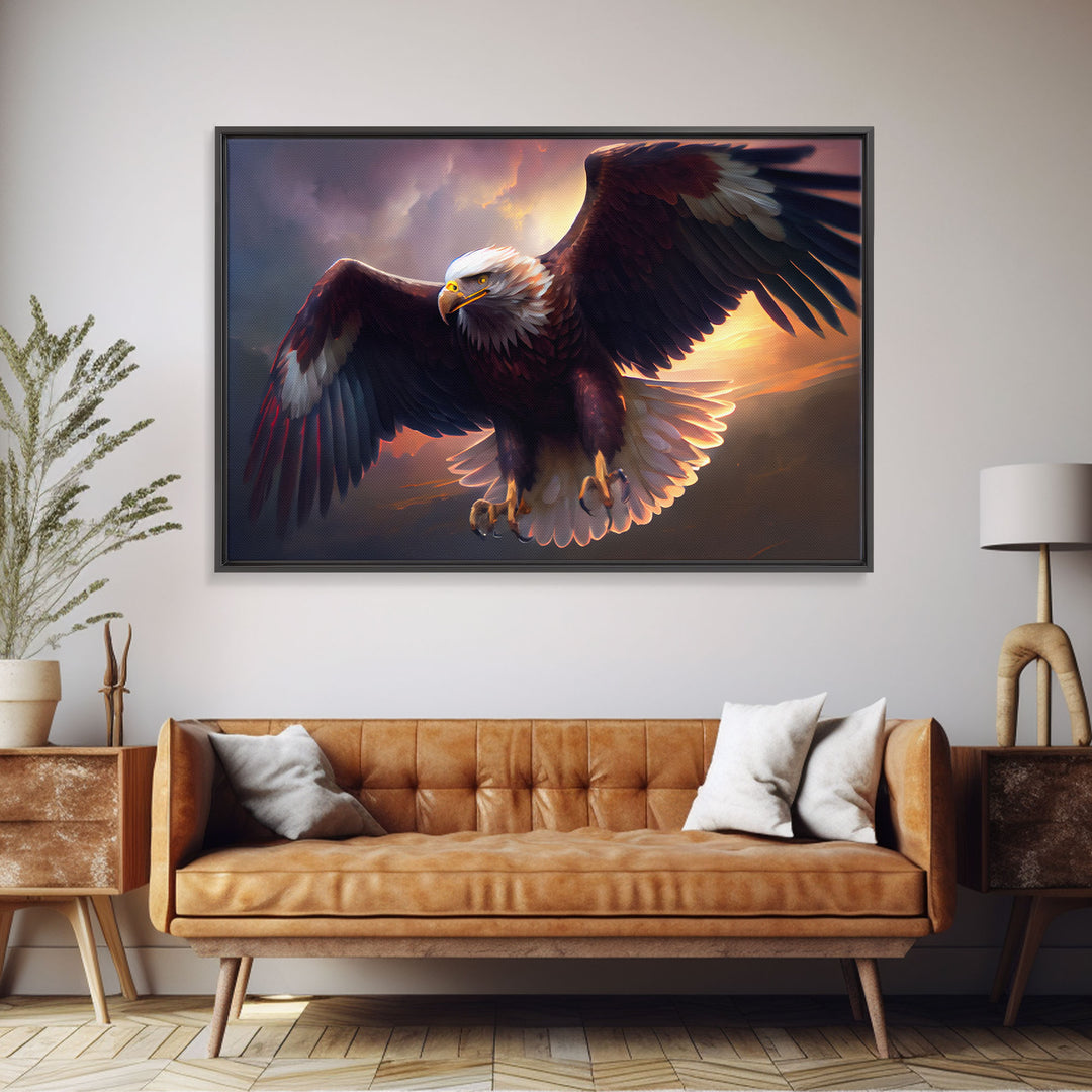 American Bald Eagle in Flight, watercolor, framed canvas print