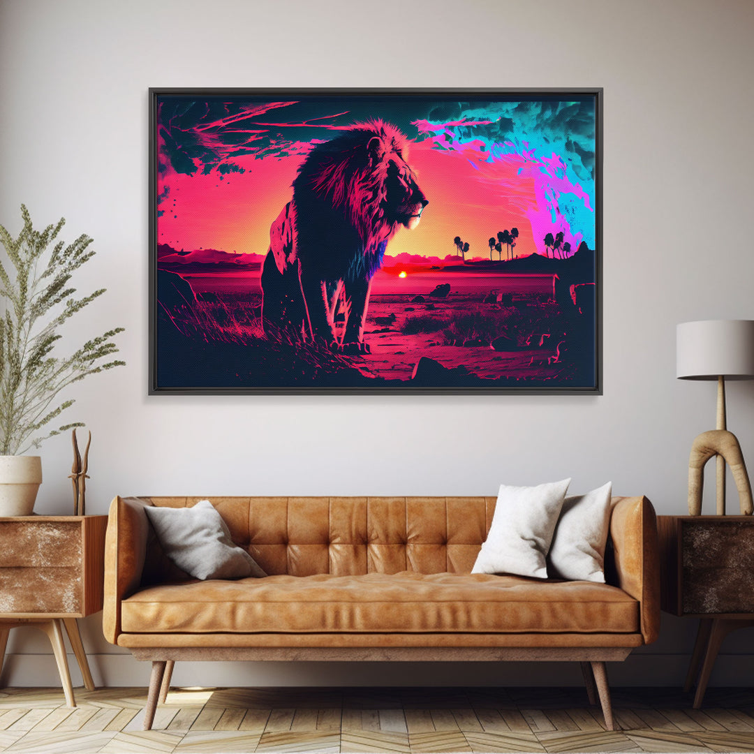 Synthwave style watercolor painting of an African lion, framed canvas print, colorful living room wall art