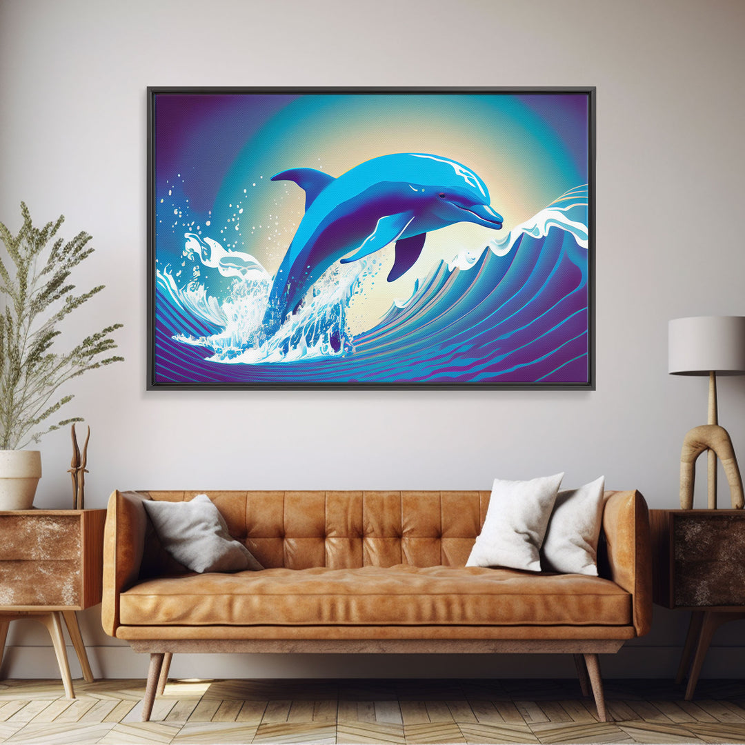 Dolphin riding a wave, cute animal prints, vaporwave animal art, framed canvas print