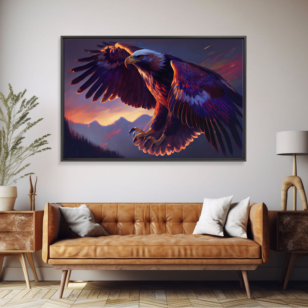 Bald Eagle on the hunt, birds of prey animal prints, framed canvas print, American Bald Eagle Art