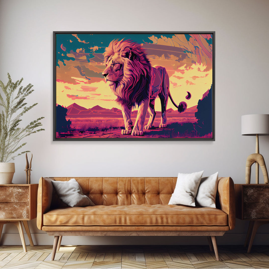 Retrowave watercolor painting of an African Lion, framed canvas print, unique large format wall art