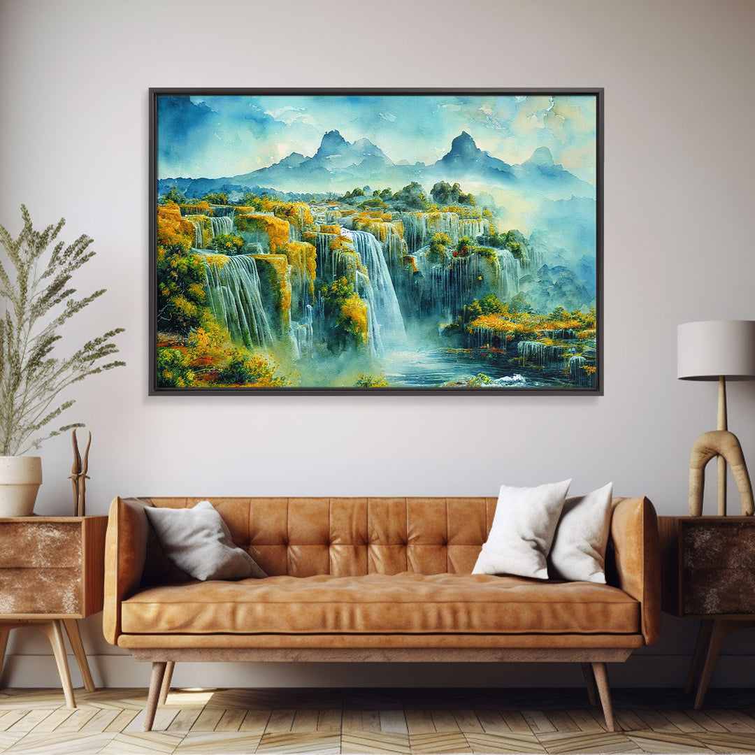 Water color painting of beautiful waterfalls, framed canvas print