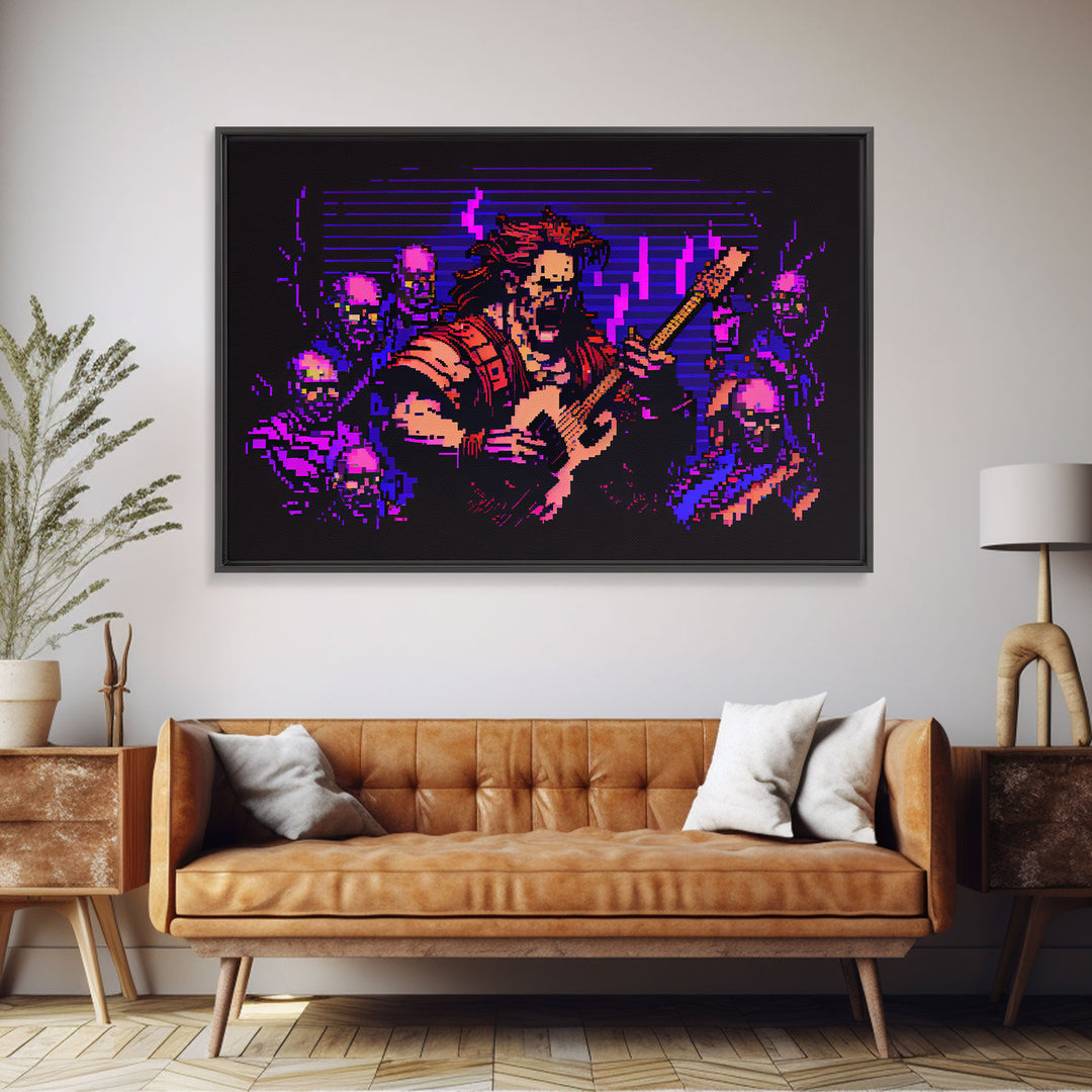 Human bard pixel art, vaporwave RPG concept art, framed canvas print, synthwave tabletop art