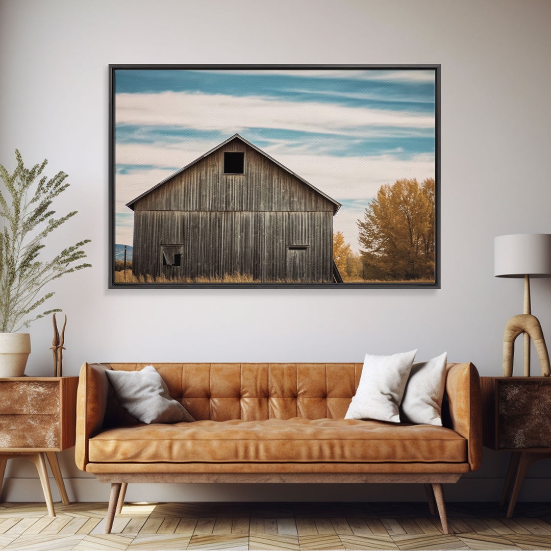 Rustic Farmhouse Wall Decor, Teal Gray Barn Landscape Art Print or Canvas, Country Living Room Wall Decor, Liminal Farmhouse Wall Art Print