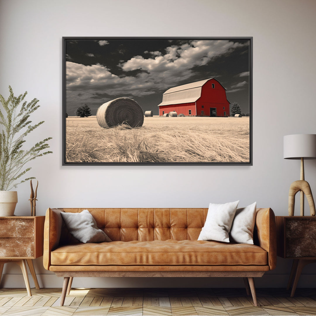 Wide Open Spaces, Red Barn Under A Storm Canvas Print, Rustic / Minimalist Cottagecore Wall Art, Framed Canvas Print, Hay Bale Art, Liminal