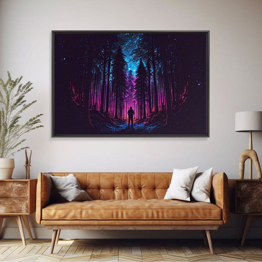 Contemplating the stars, vaporwave aesthetic, forest art, starry night, framed canvas print, outrun art