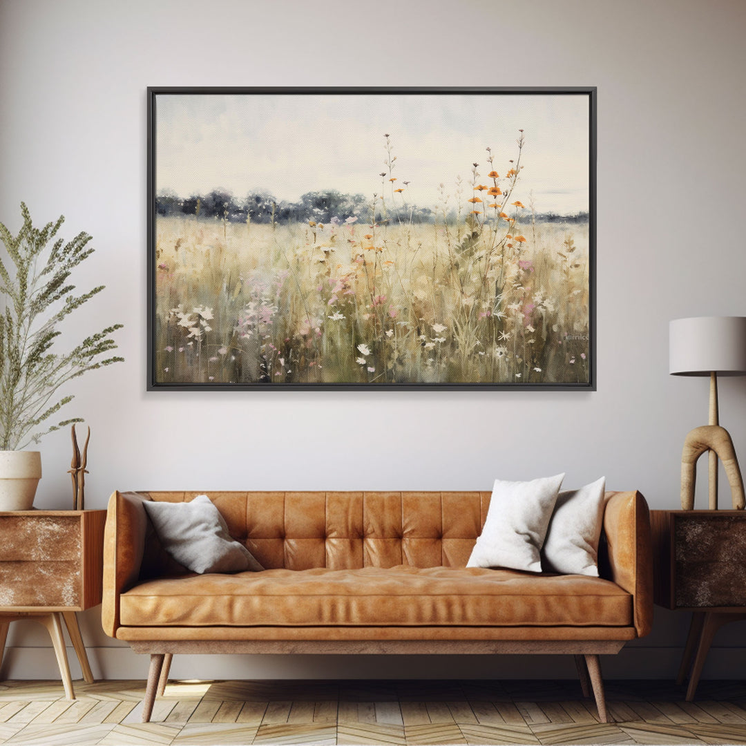 Rustic Country Wildflower Landscape Oil Painting Canvas Print Reproduction, Framed Wall Art, Rustic Farmhouse Decor, Gift For Her