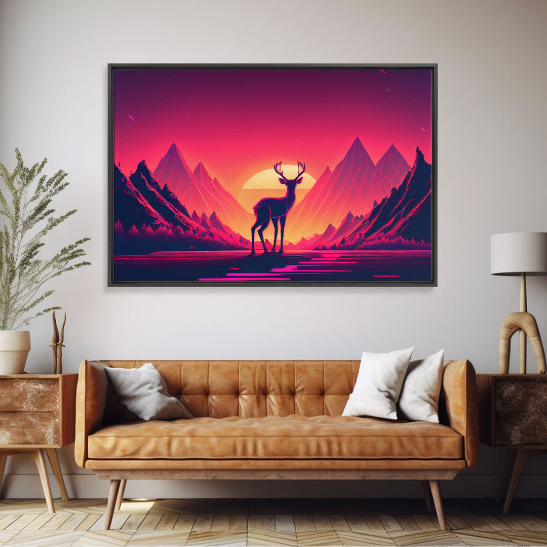 Deer at sunset, outrun style nature animal print, framed canvas print, sunrise art