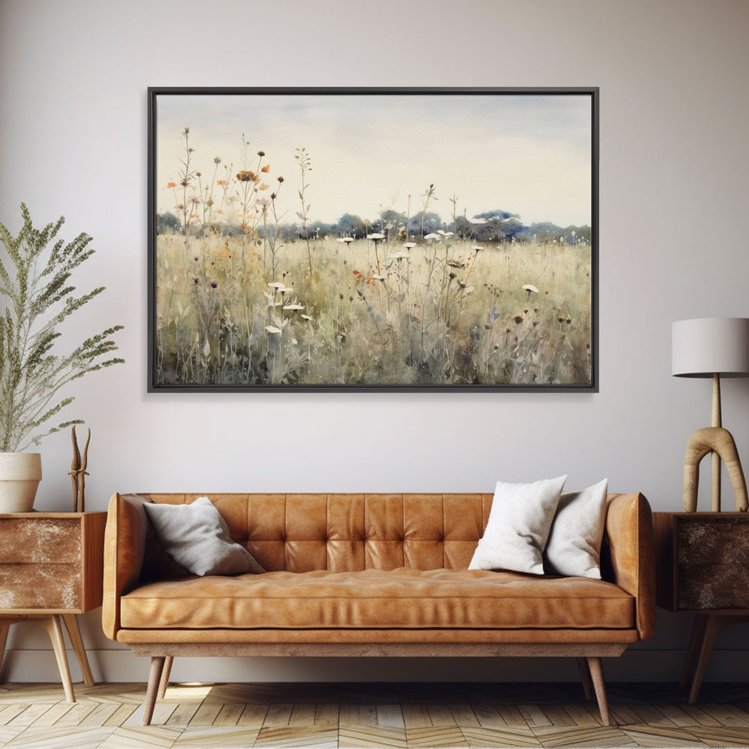 Rustic Country Wildflower Landscape Oil Painting Canvas Print Reproduction, Framed Wall Art, Rustic Farmhouse Decor, Muted Art, Moody Art