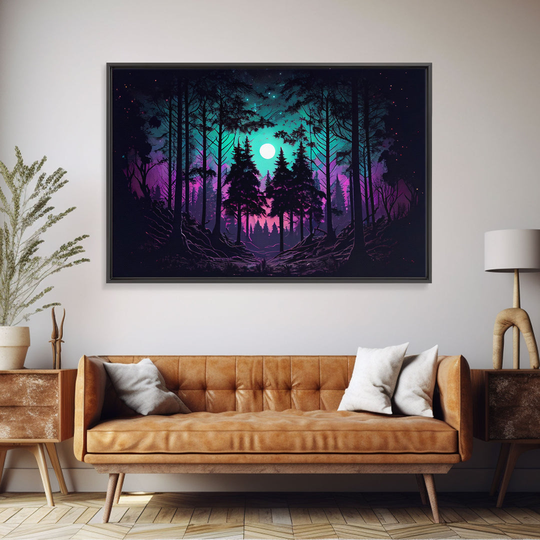 Fantasy forest art, full moon visible through the trees, framed canvas print, framed wall art