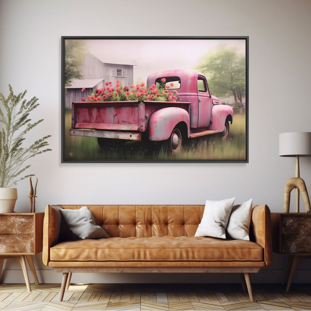 Old Pink Truck Used As a Flower Bed, Framed Canvas Print Or Poster, Rustic Farmhouse Decor, Primitive Art, Country Home Art