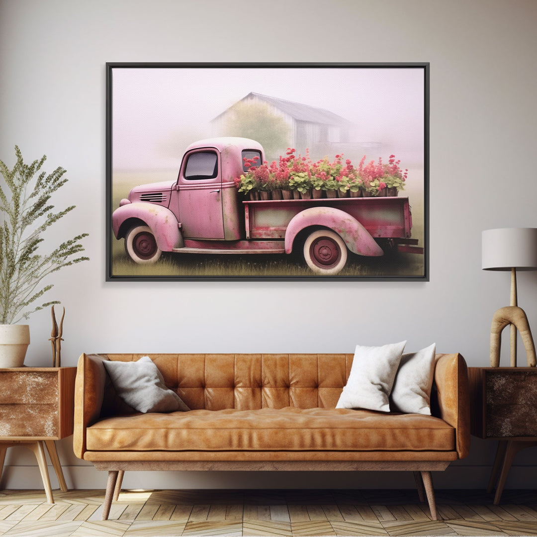 Framed Picture of old truck with beautiful flowers in bed of truck, farmhouse living, old barn, farmhouse distressed, framed canvas print