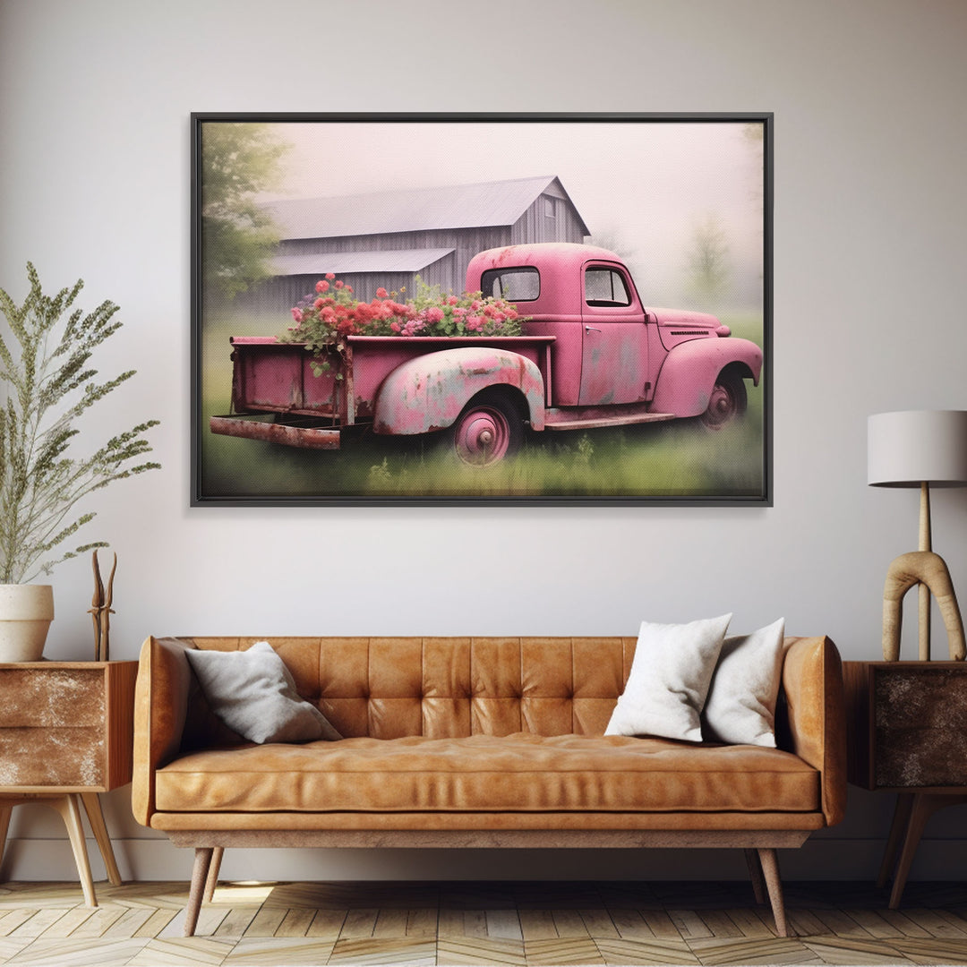 Framed Picture of old truck with beautiful flowers in bed of truck, farmhouse living, old barn, farmhouse distressed, framed canvas print