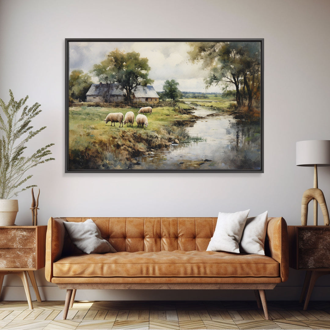 Sheep Grazing By The River, Vintage Art Canvas Print, Vintage Home Decor, Large Canvas Wall Art, Vintage Farmhouse Decor, Vintage Landscape