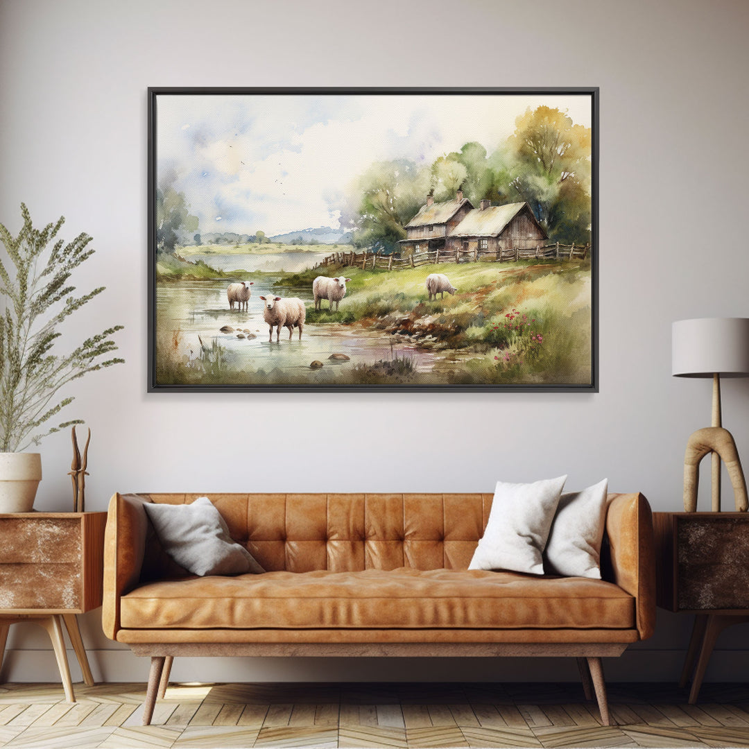 Sheep Grazing By The River, Vintage Art Canvas Print, Vintage Home Decor, Large Canvas Wall Art, Vintage Farmhouse Decor, Vintage Landscape