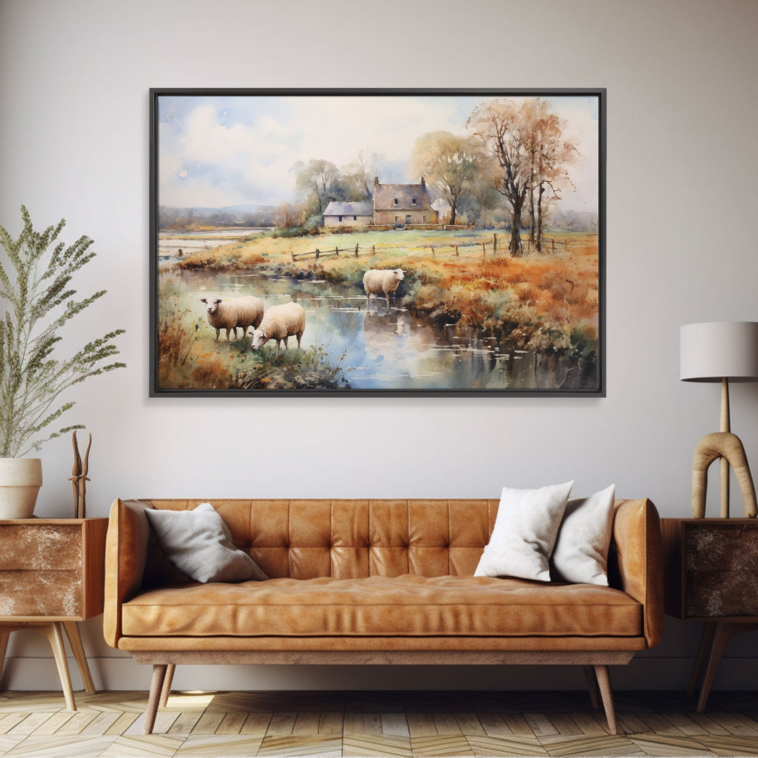 Sheep Grazing By The River, Vintage Art Canvas Print, Vintage Home Decor, Large Canvas Wall Art, Vintage Farmhouse Decor, Vintage Landscape