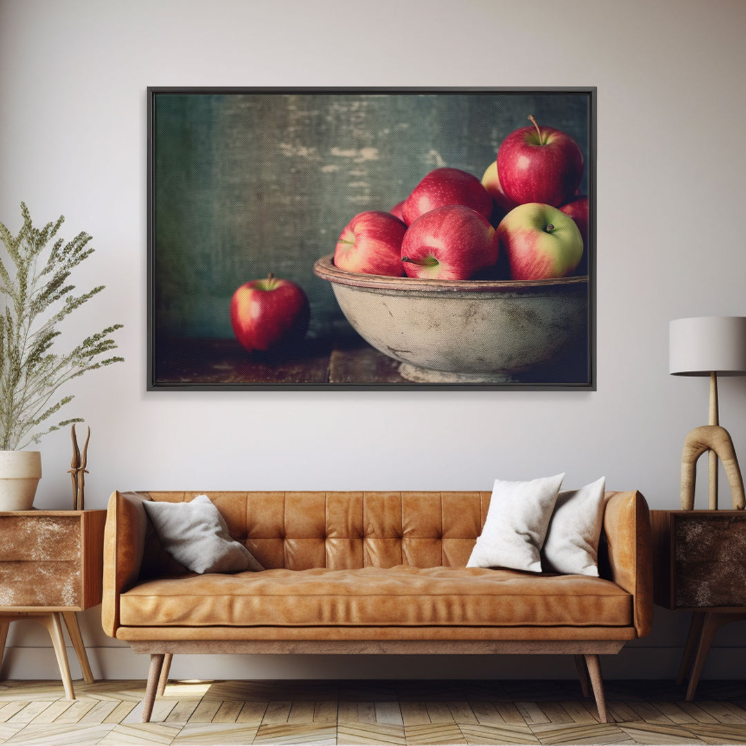 Primitive Kitchen Art, Framed Canvas Print, Still Life of Apples In A Rustic Bowl, Photography Print, Kitchen Decor, Country Kitchen