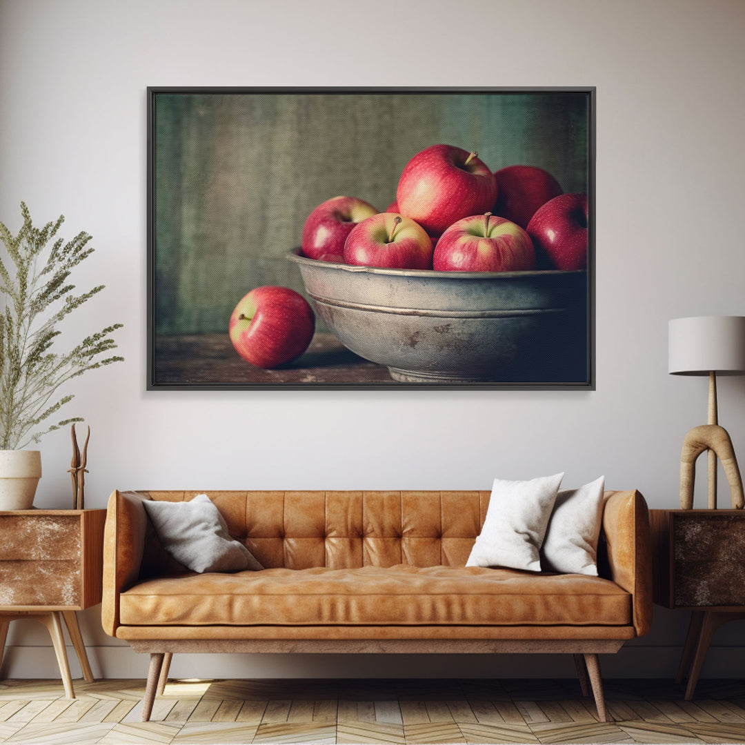 Farmhouse Kitchen Art, Framed Canvas Print, Still Life of Apples In A Rustic Bowl, Photography Print, Kitchen Decor, Rustic Country Kitchen