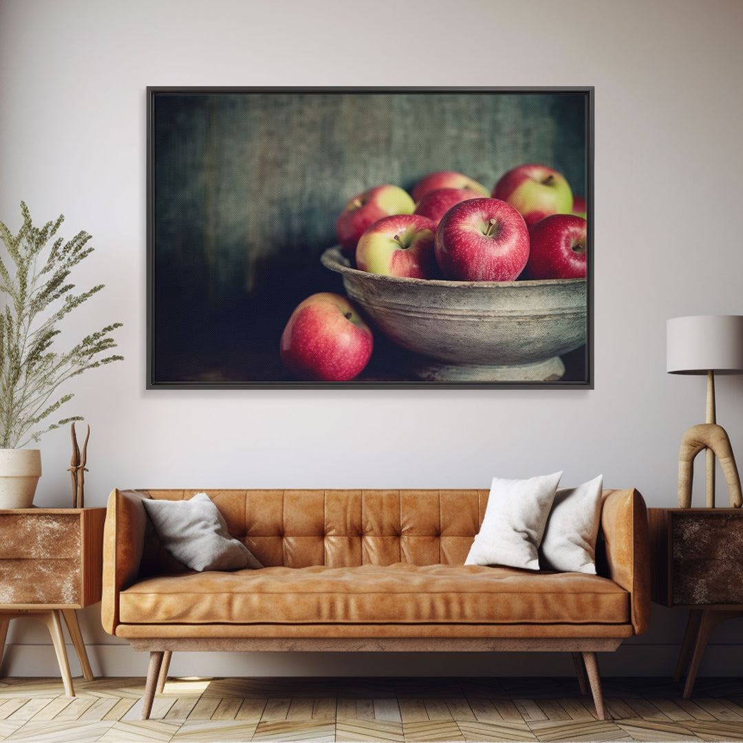 Farmhouse Kitchen Art, Framed Canvas Print, Still Life of Apples In A Rustic Bowl, Photography Print, Kitchen Decor, Rustic Country Kitchen