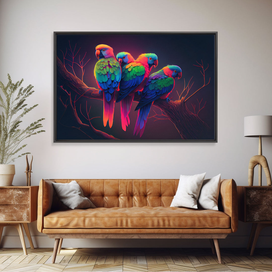 Tropical birds, vibrant and colorful animal print, parrots, framed canvas print, Framed wall art