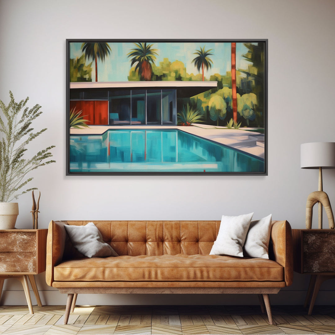 The Pool House, Mid Century Modern Decor, Framed Wall Art, Architectural Print, Retro Art, Swimming Pool Art, Framed Painting