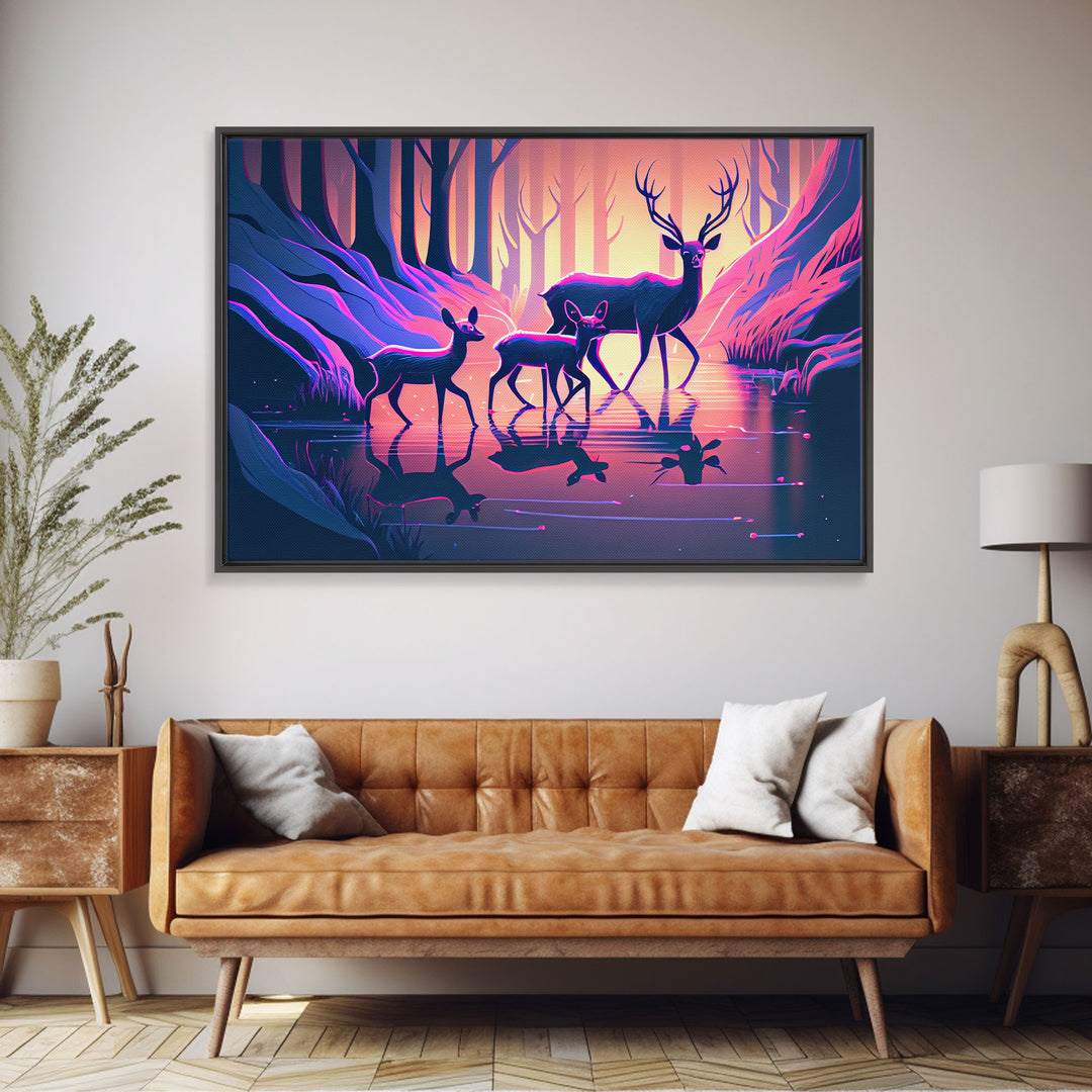 Vaporwave nature art, family of Deer in the forest, pastel art, framed canvas print, framed wall art