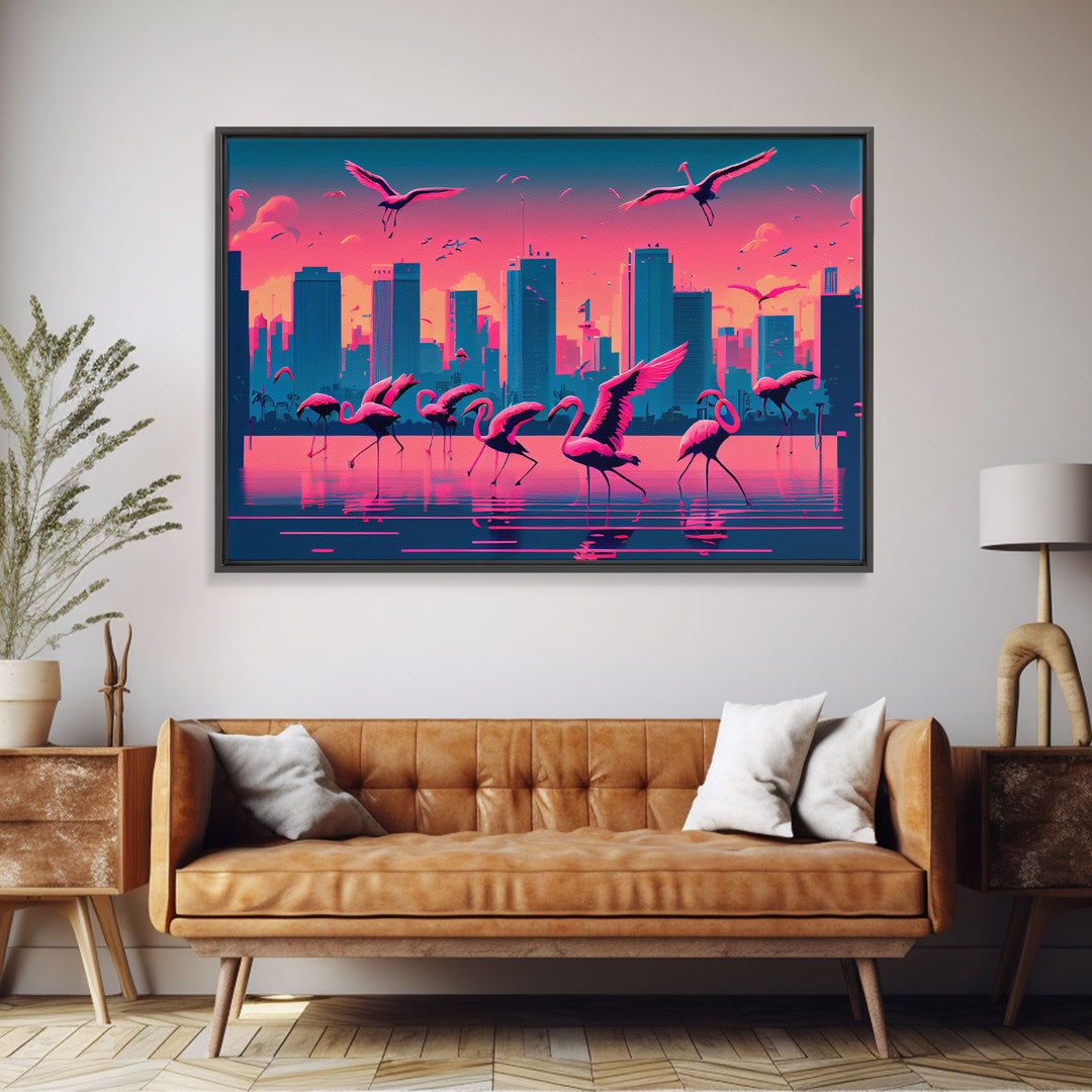 Pink Flamingos, Vaporwave aesthetic style art, framed canvas print, framed wall art