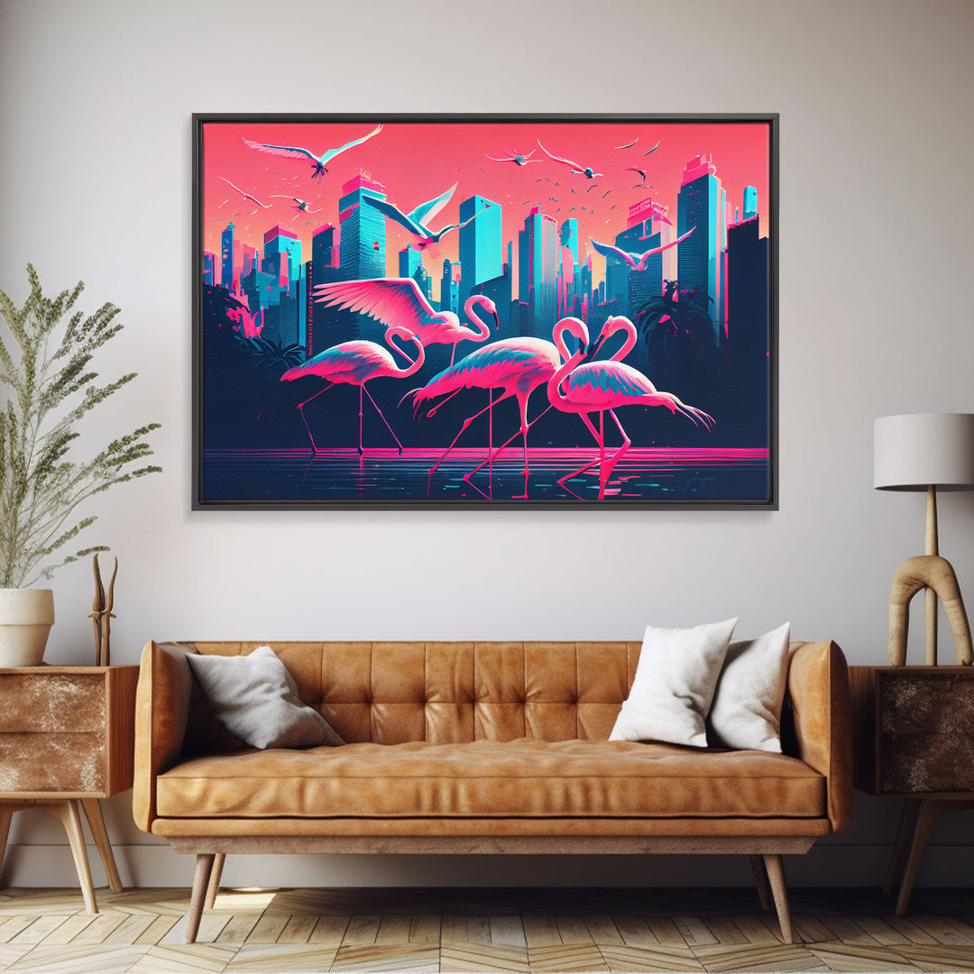 Pink Flamingos, Vaporwave aesthetic style art, framed canvas print, framed wall art