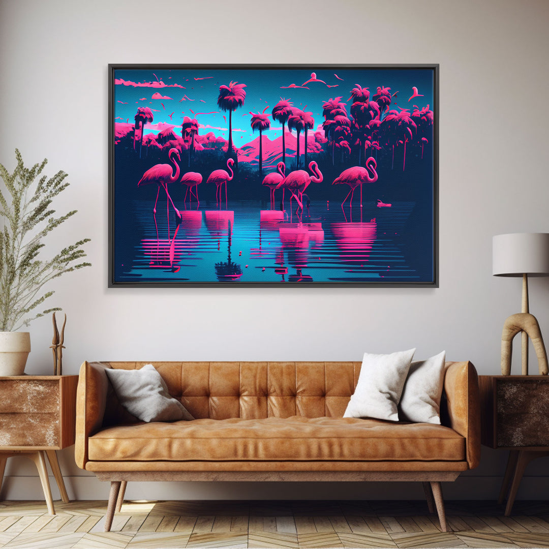 Reflections of Pink Flamingos, Vaporwave aesthetic style art, framed canvas print, framed wall art